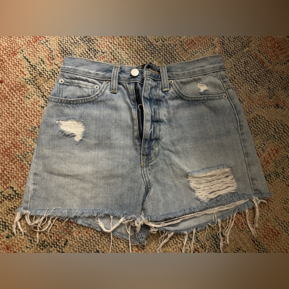 BDG Girlfriend High Rise Shorts in Distressed Light Blue Denim